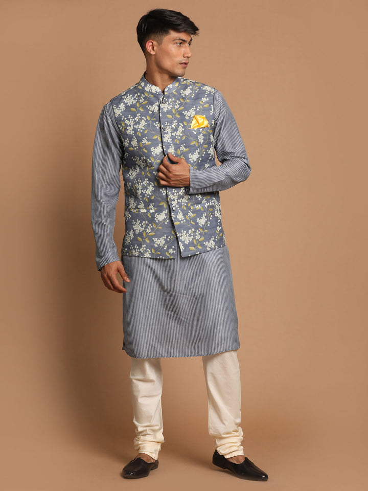 Sarvati Men's Grey Printed Nehru Jacket And kurta With Cream Pyjama Set