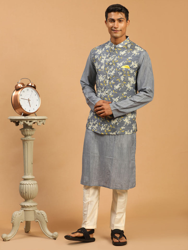 Sarvati Men's Grey Printed Nehru Jacket And kurta With Cream Viscose Pant Set