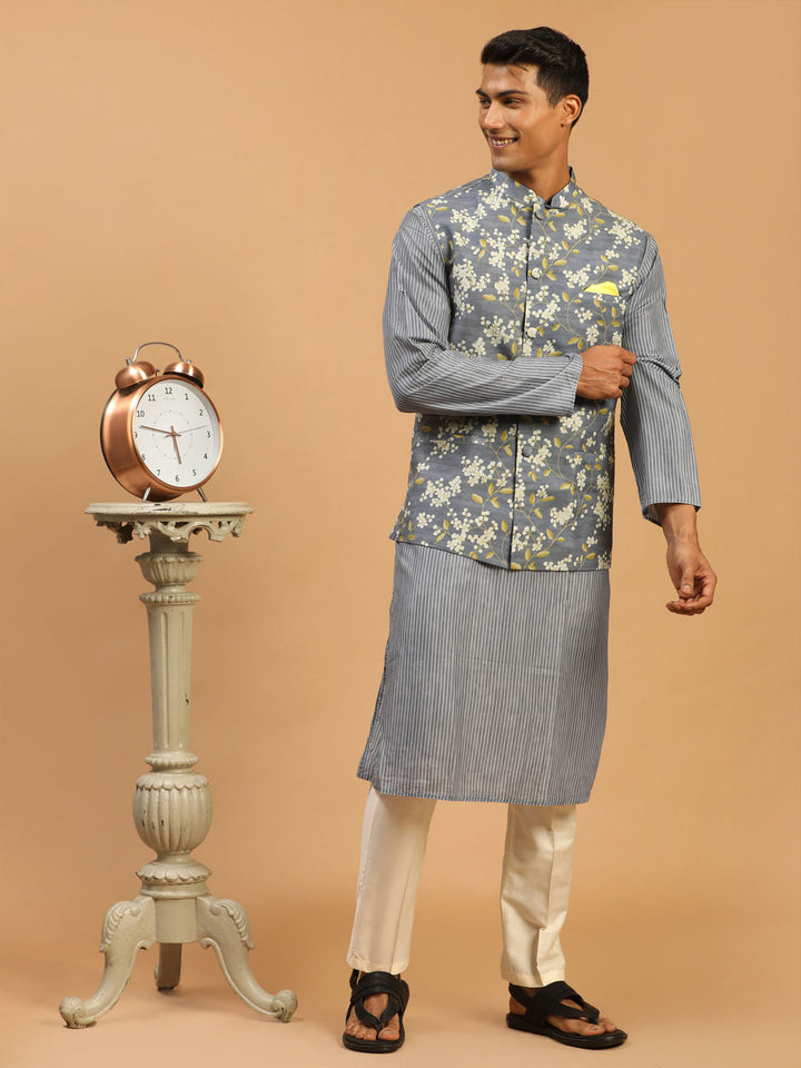 Sarvati Men's Grey Printed Nehru Jacket And kurta With Cream Viscose Pant Set