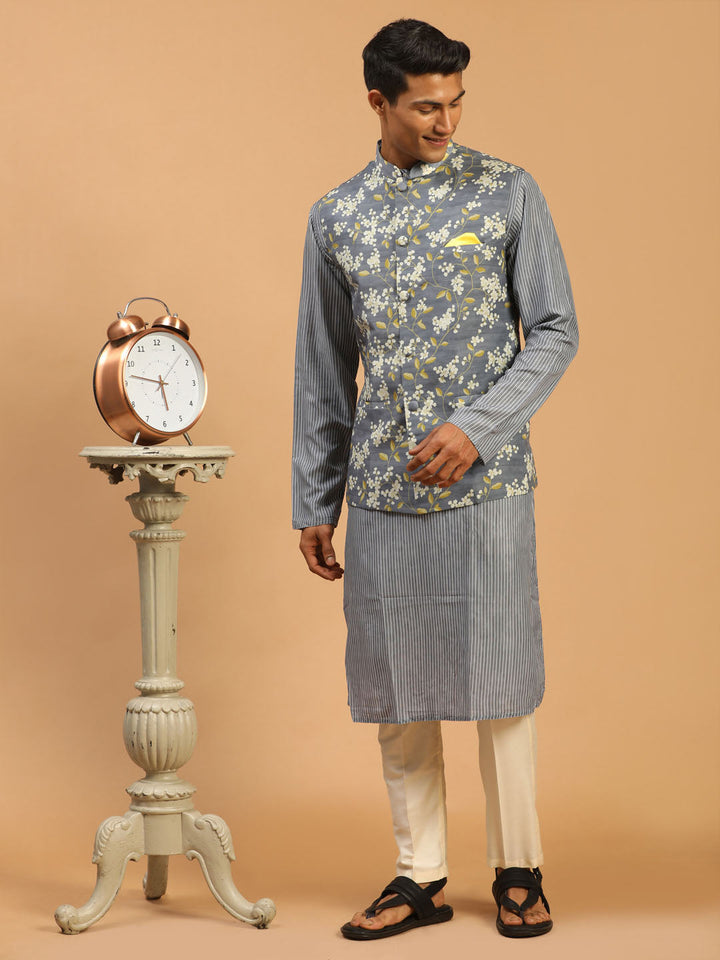 Sarvati Men's Grey Printed Nehru Jacket And kurta With Cream Viscose Pant Set