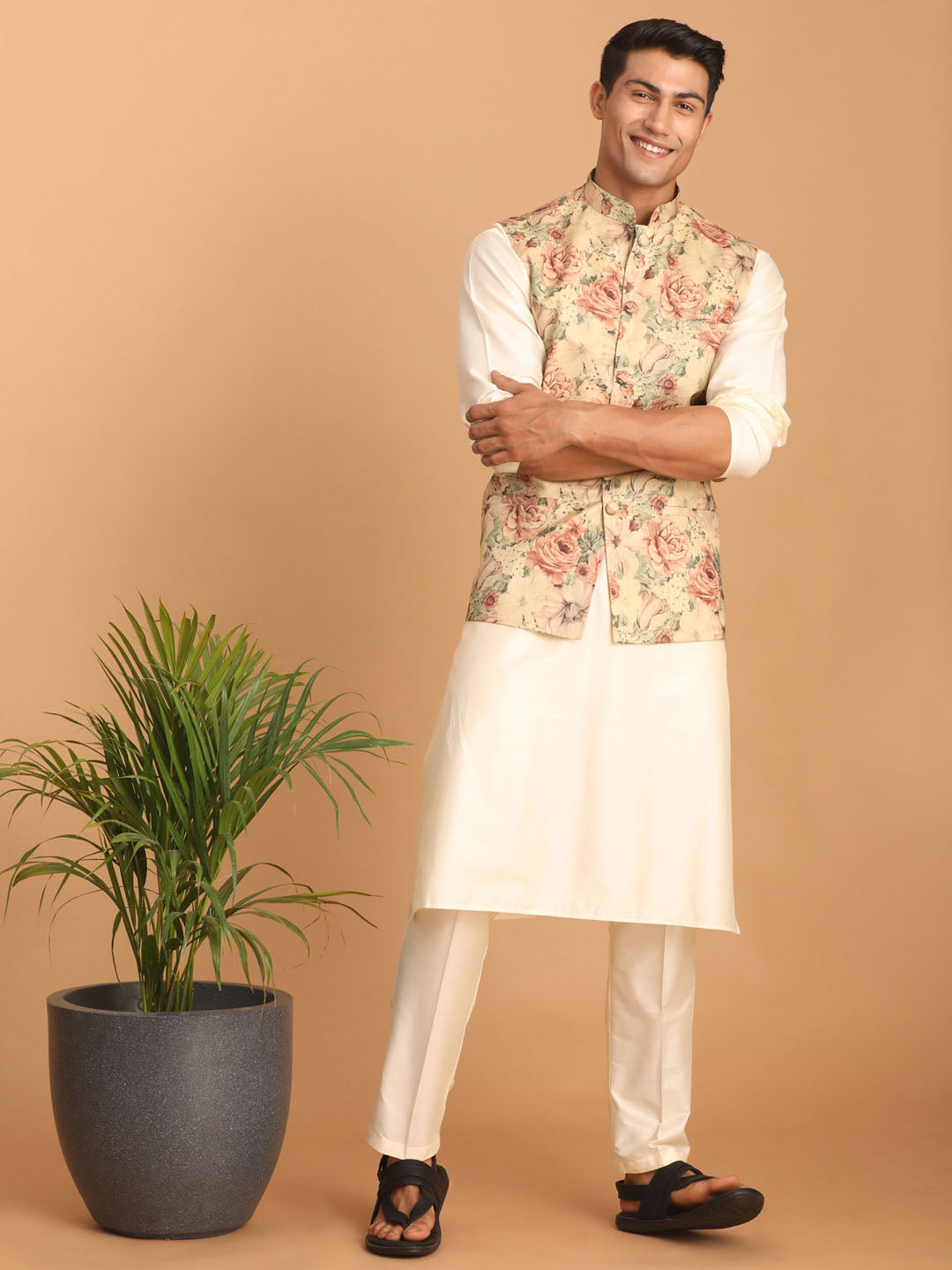 Sarvati Beige Printed Nehru Jacket And Cream Solid Kurta With Pant Set