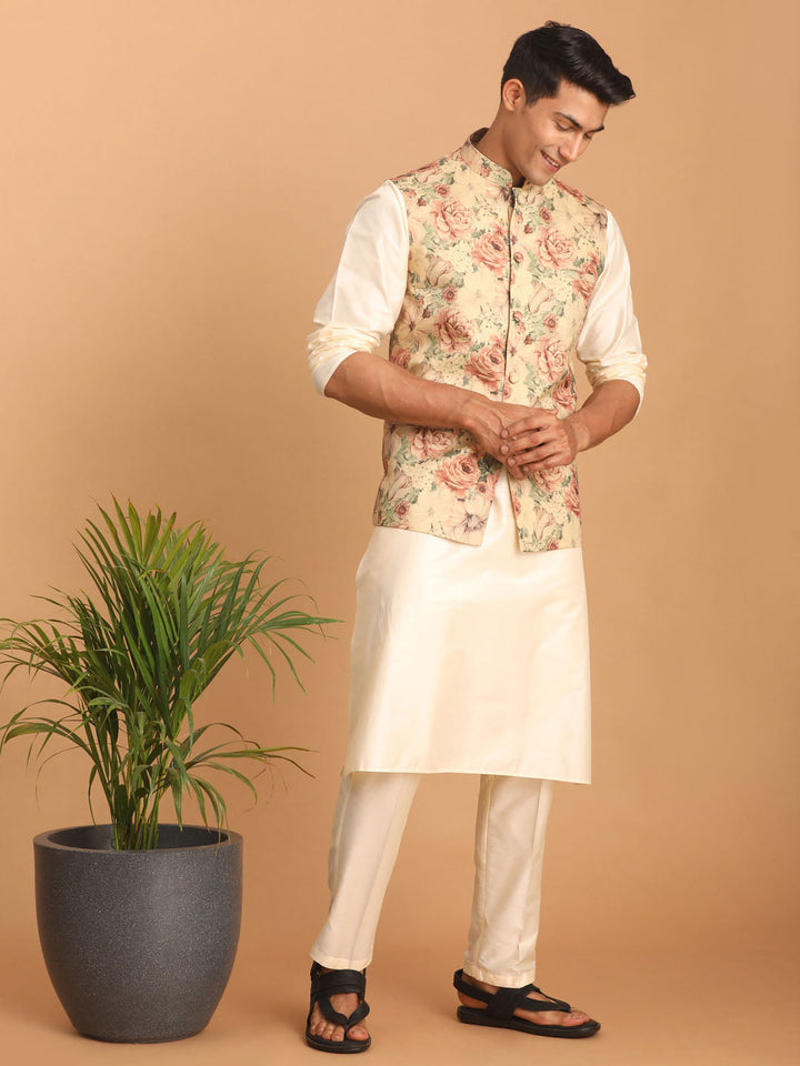 Sarvati Beige Printed Nehru Jacket And Cream Solid Kurta With Pant Set