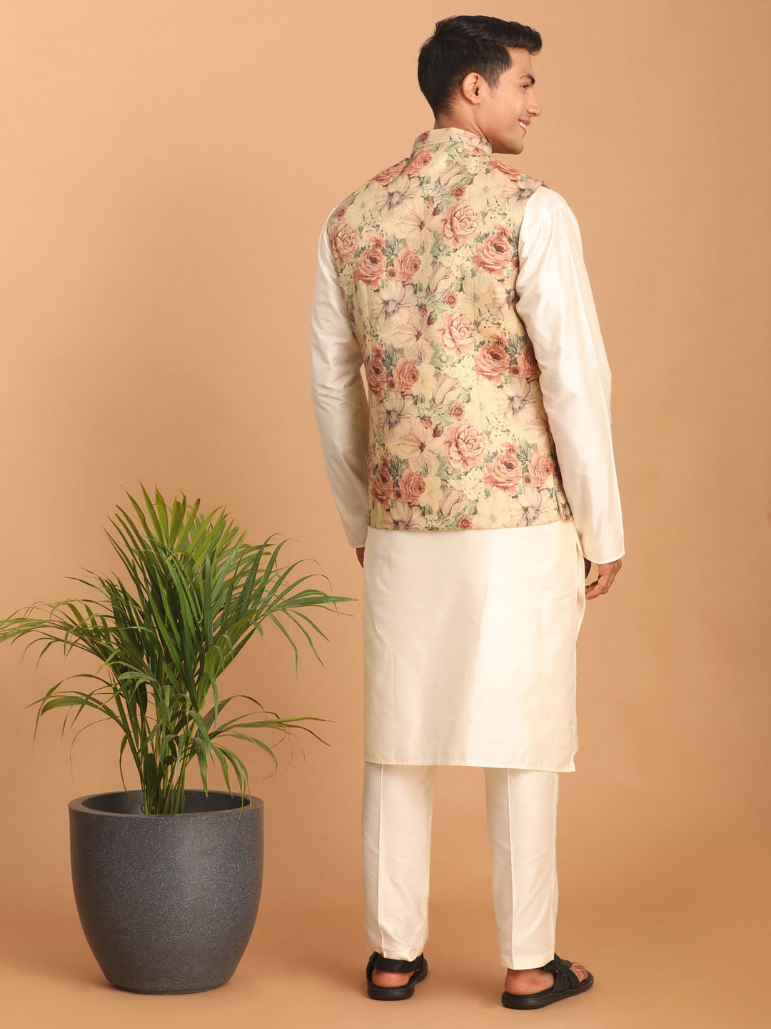 Sarvati Beige Printed Nehru Jacket And Cream Solid Kurta With Pant Set