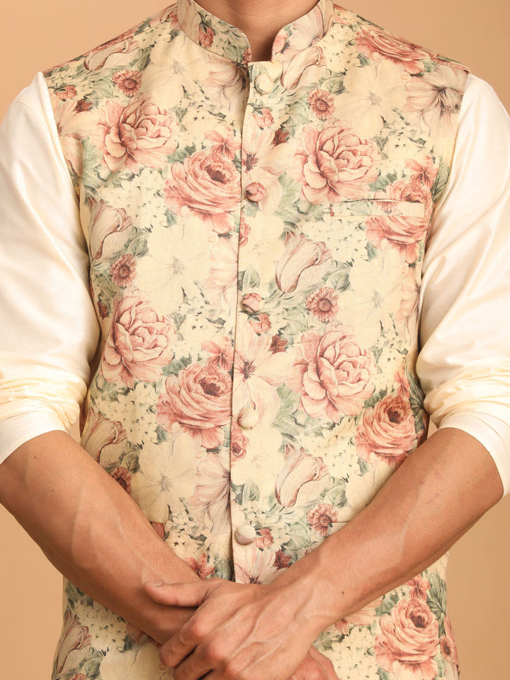 Sarvati Beige Printed Nehru Jacket And Cream Solid Kurta With Pant Set