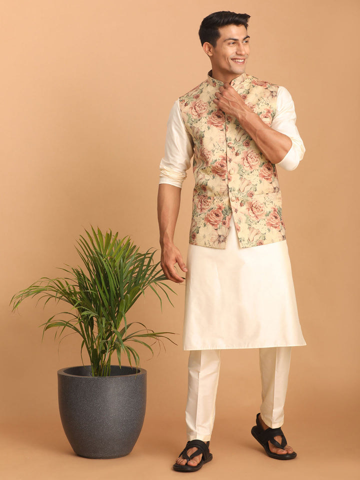 Sarvati Beige Printed Nehru Jacket And Cream Solid Kurta With Pant Set