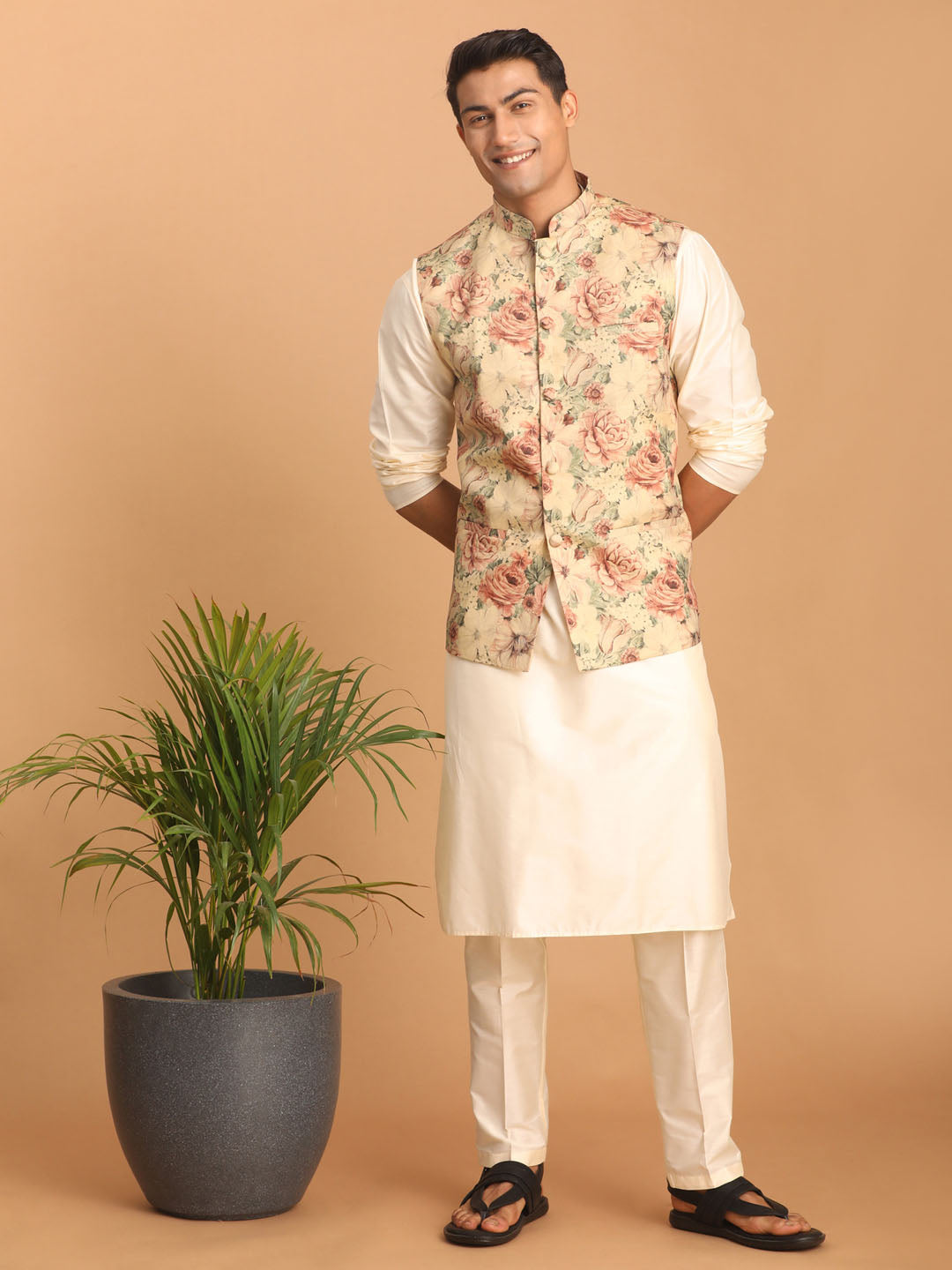 Sarvati Beige Printed Nehru Jacket And Cream Solid Kurta With Pant Set