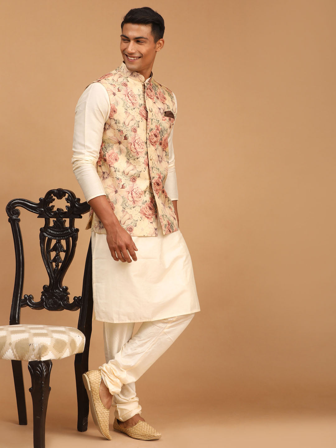 Sarvati Beige Printed Nehru Jacket And Cream Solid Kurta With Pyjama Set