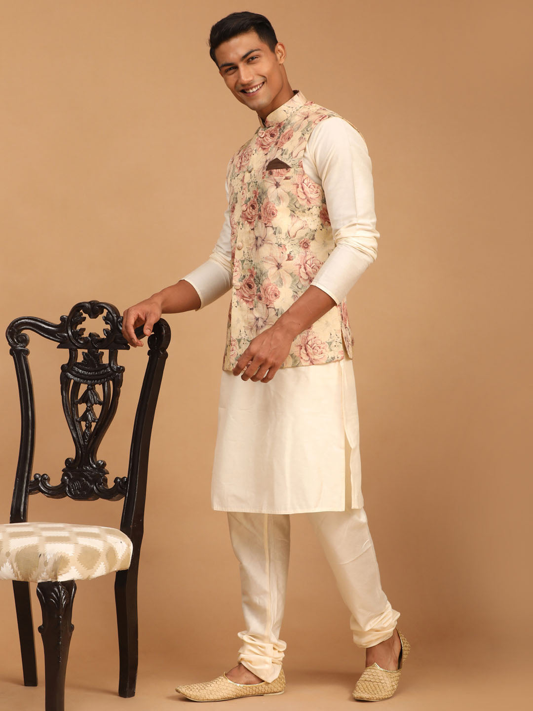 Sarvati Beige Printed Nehru Jacket And Cream Solid Kurta With Pyjama Set