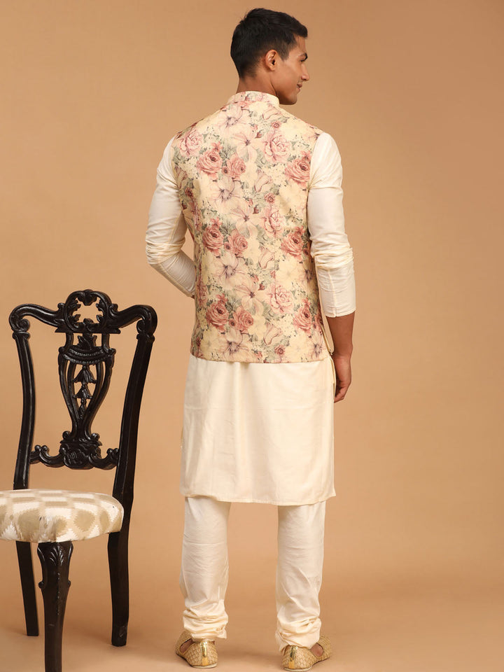 Sarvati Beige Printed Nehru Jacket And Cream Solid Kurta With Pyjama Set