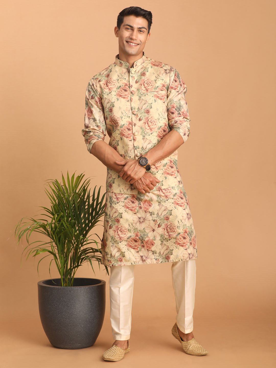 Sarvati Beige Printed Nehru Jacket And kurta With Cream Solid Viscose Pant Set