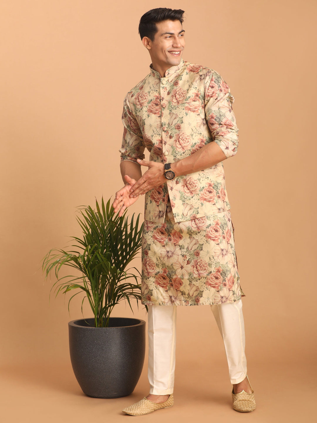 Sarvati Beige Printed Nehru Jacket And kurta With Cream Solid Viscose Pant Set