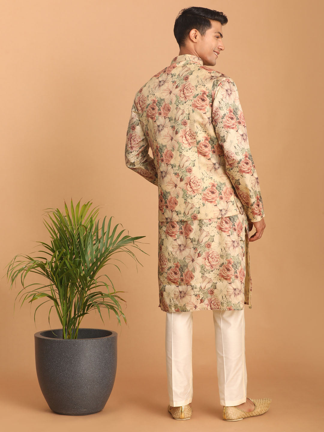 Sarvati Beige Printed Nehru Jacket And kurta With Cream Solid Viscose Pant Set