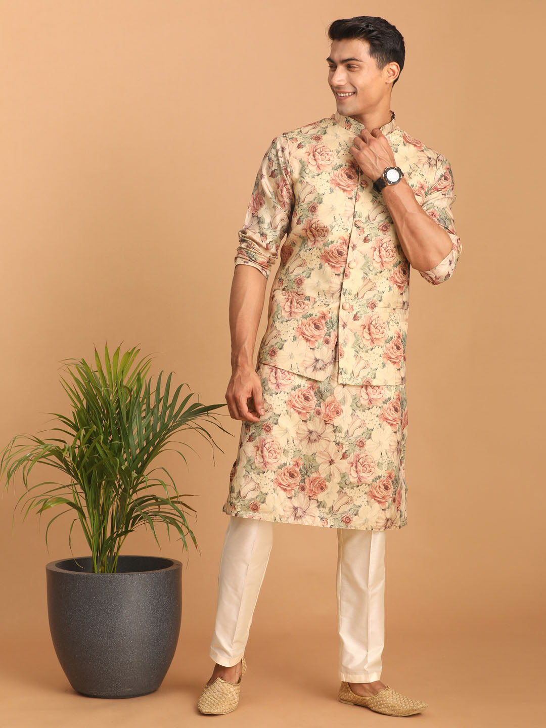 Sarvati Beige Printed Nehru Jacket And kurta With Cream Solid Viscose Pant Set