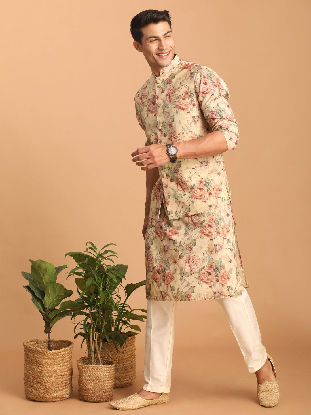 Sarvati Beige Printed Nehru Jacket And kurta With Cream Solid Viscose Pant Set