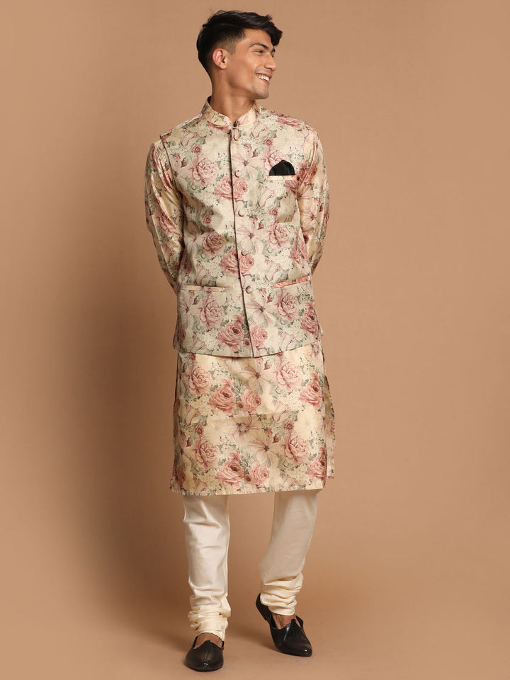 Sarvati Beige Printed Nehru Jacket And kurta With Cream Solid Pyjama Set