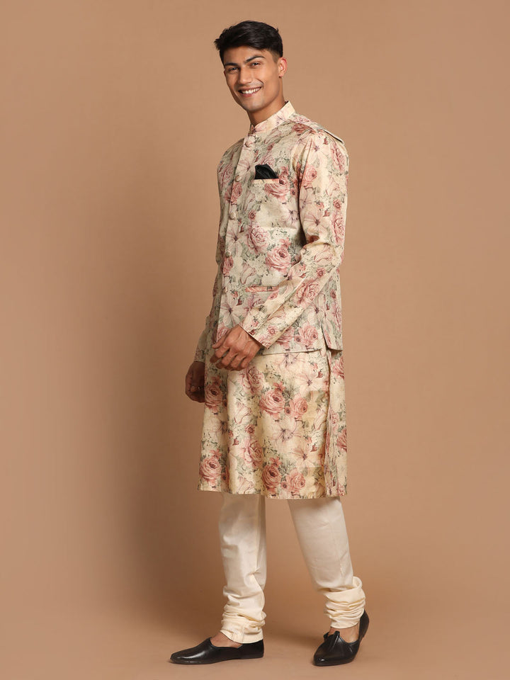 Sarvati Beige Printed Nehru Jacket And kurta With Cream Solid Pyjama Set