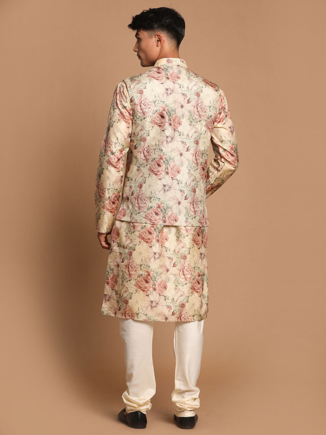 Sarvati Beige Printed Nehru Jacket And kurta With Cream Solid Pyjama Set