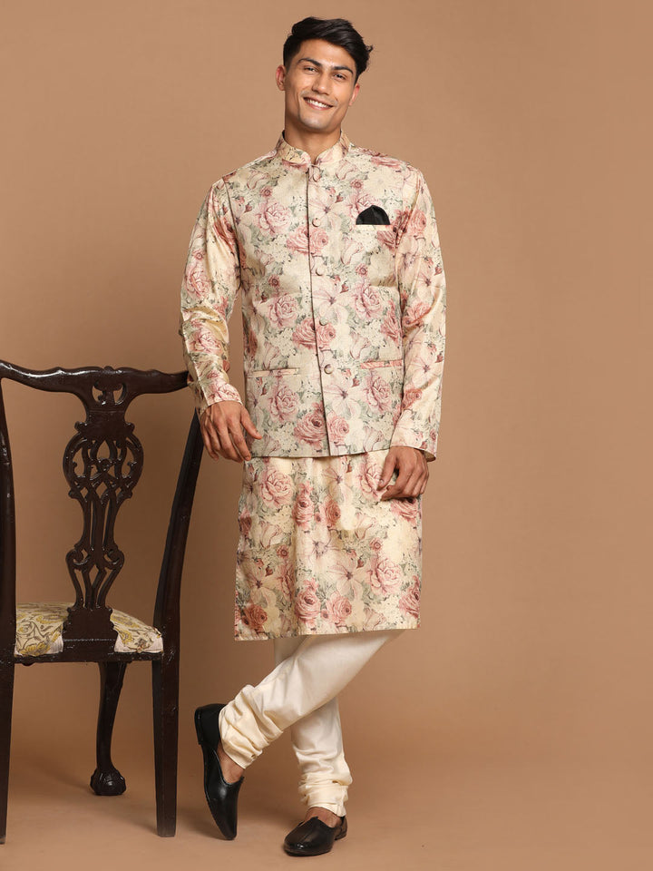 Sarvati Beige Printed Nehru Jacket And kurta With Cream Solid Pyjama Set