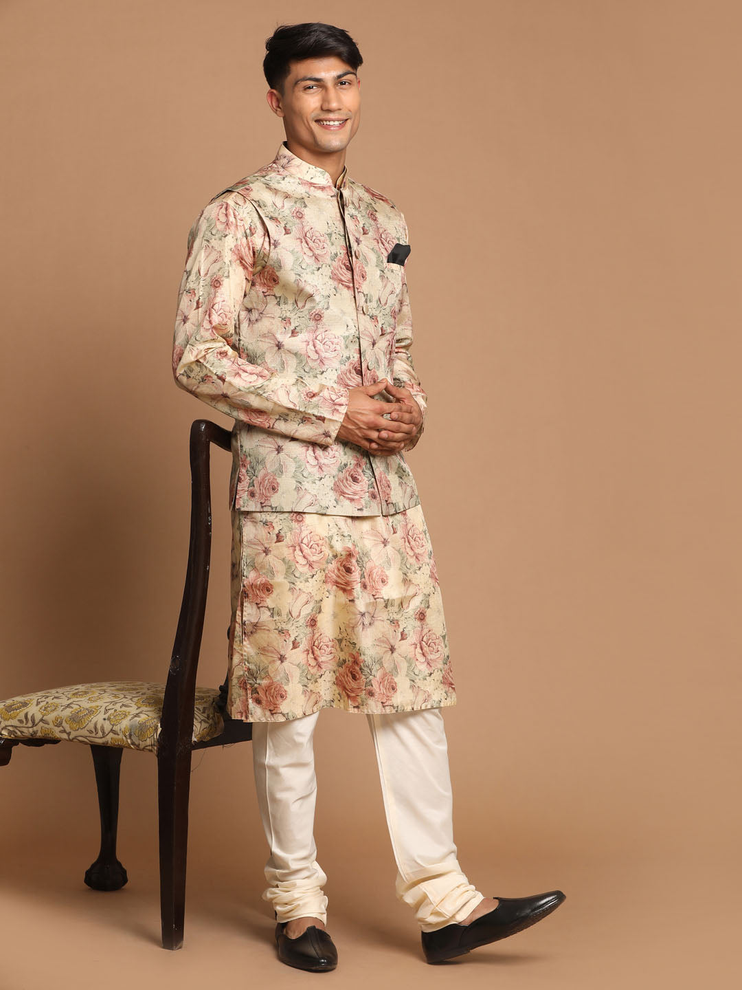 Sarvati Beige Printed Nehru Jacket And kurta With Cream Solid Pyjama Set