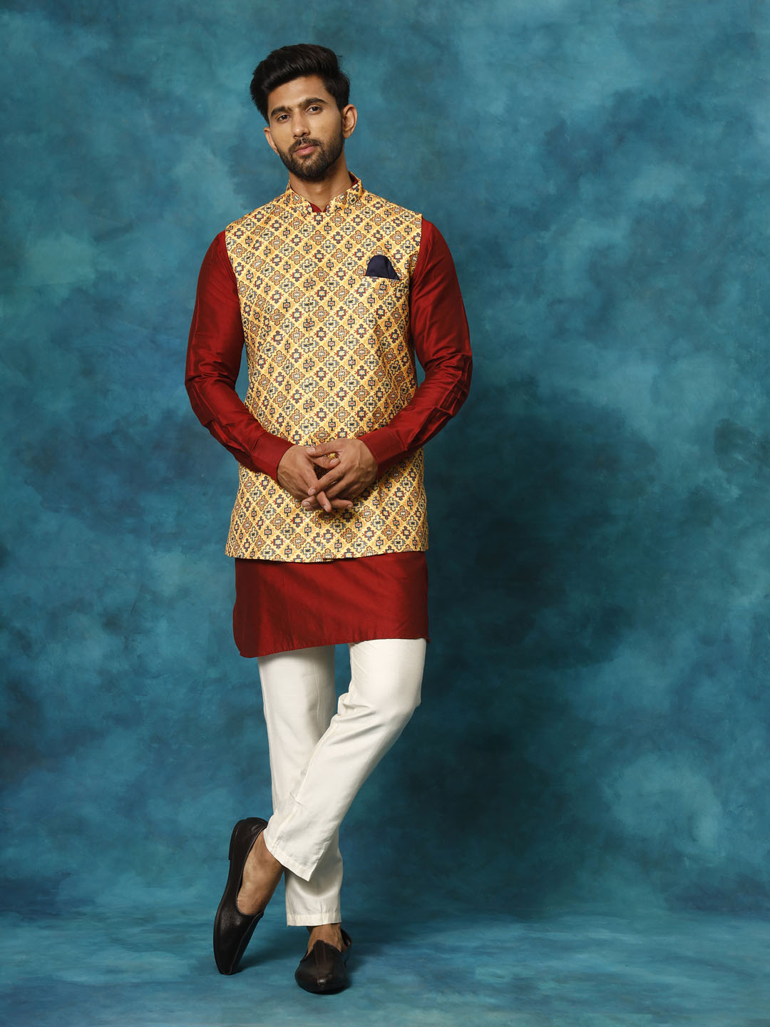 Sarvati Men's Mustard Geometric Printed Nehru Jacket With Curved Kurta And Pant Set