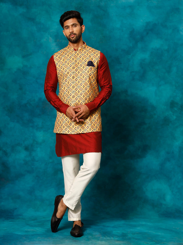 Sarvati Men's Mustard Geometric Printed Nehru Jacket With Curved Kurta And Pant Set