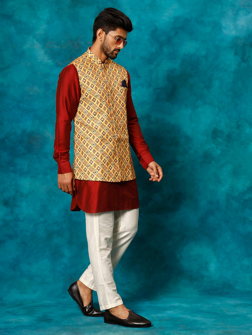 Sarvati Men's Mustard Geometric Printed Nehru Jacket With Curved Kurta And Pant Set