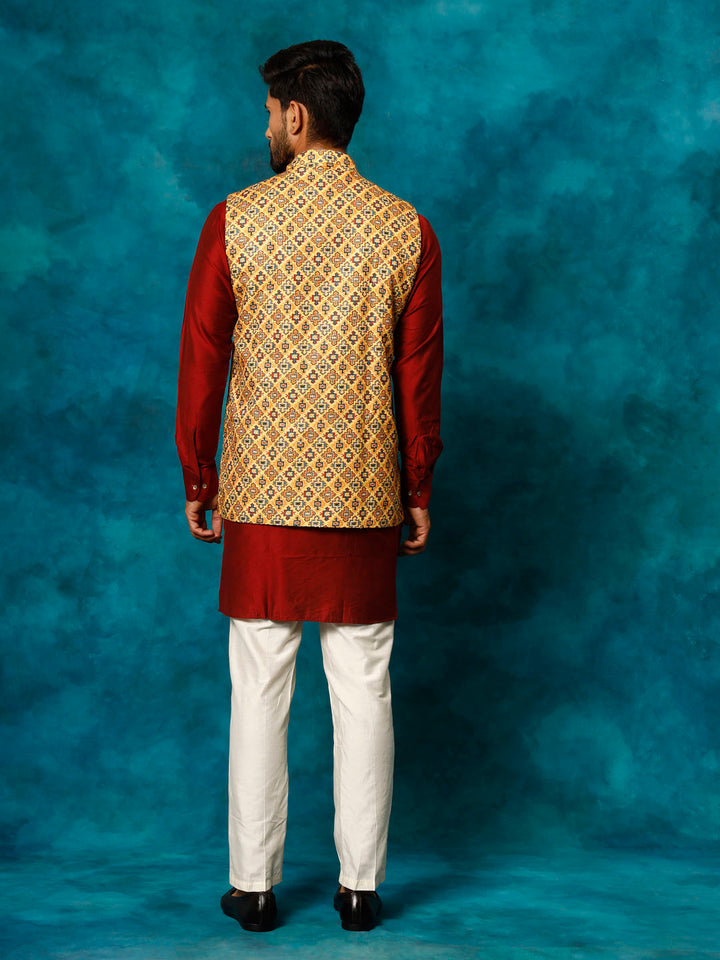 Sarvati Men's Mustard Geometric Printed Nehru Jacket With Curved Kurta And Pant Set