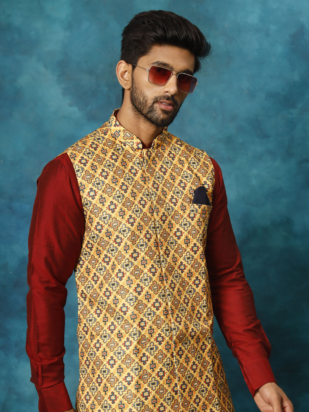 Sarvati Men's Mustard Geometric Printed Nehru Jacket With Curved Kurta And Pant Set