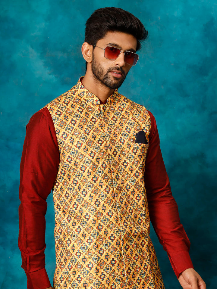 Sarvati Men's Mustard Geometric Printed Nehru Jacket With Curved Kurta And Pant Set