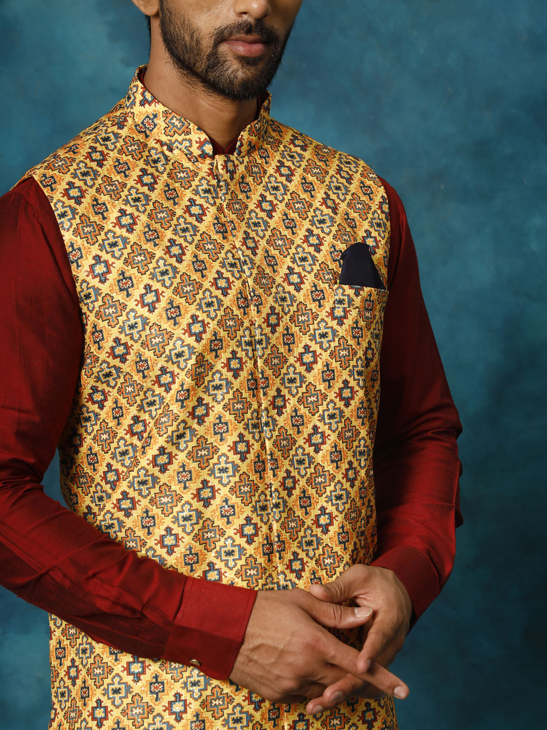 Sarvati Men's Mustard Geometric Printed Nehru Jacket With Curved Kurta And Pant Set