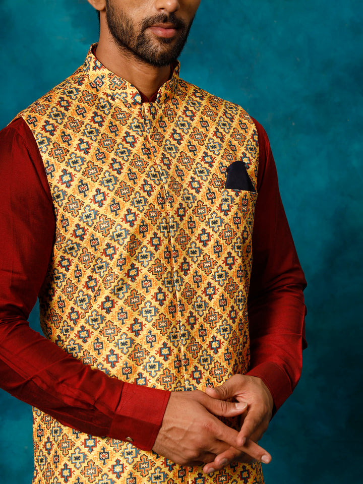 Sarvati Men's Mustard Geometric Printed Nehru Jacket With Curved Kurta And Pant Set
