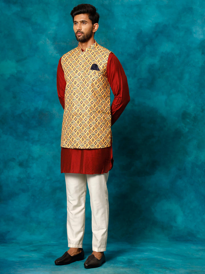 Sarvati Men's Mustard Geometric Printed Nehru Jacket With Curved Kurta And Pant Set