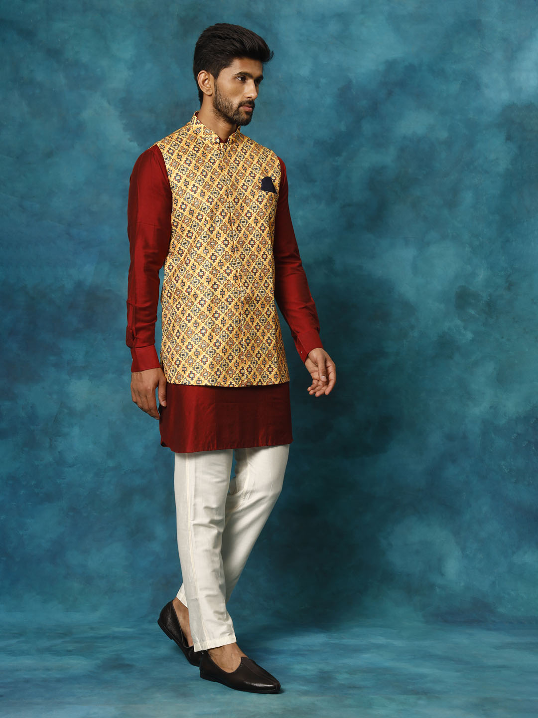 Sarvati Men's Mustard Geometric Printed Nehru Jacket With Curved Kurta And Pant Set