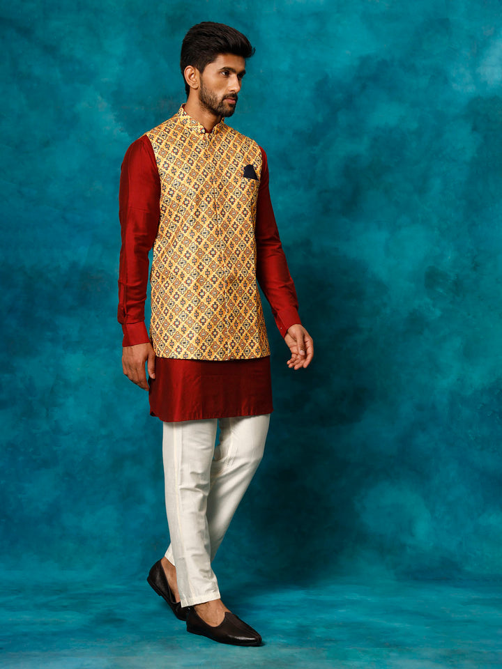 Sarvati Men's Mustard Geometric Printed Nehru Jacket With Curved Kurta And Pant Set
