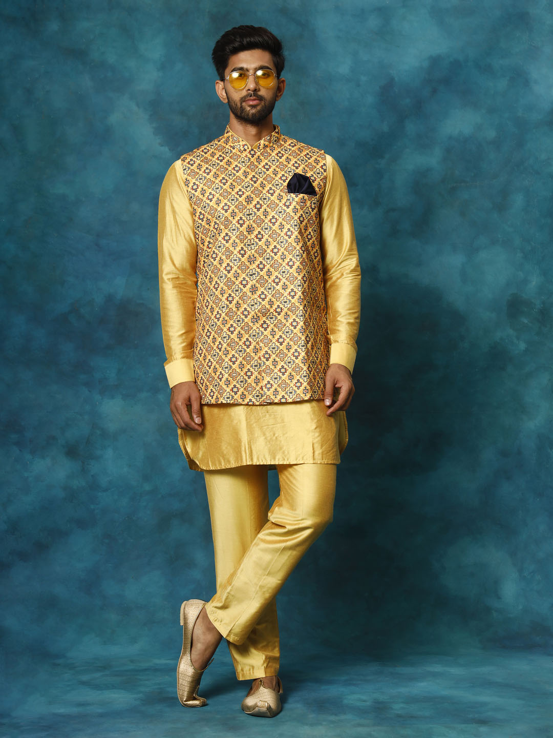 Sarvati Men's Mustard Geometric Printed Nehru Jacket With Curved Kurta And Pant Set