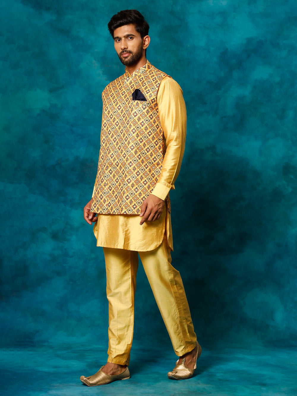 Sarvati Men's Mustard Geometric Printed Nehru Jacket With Curved Kurta And Pant Set