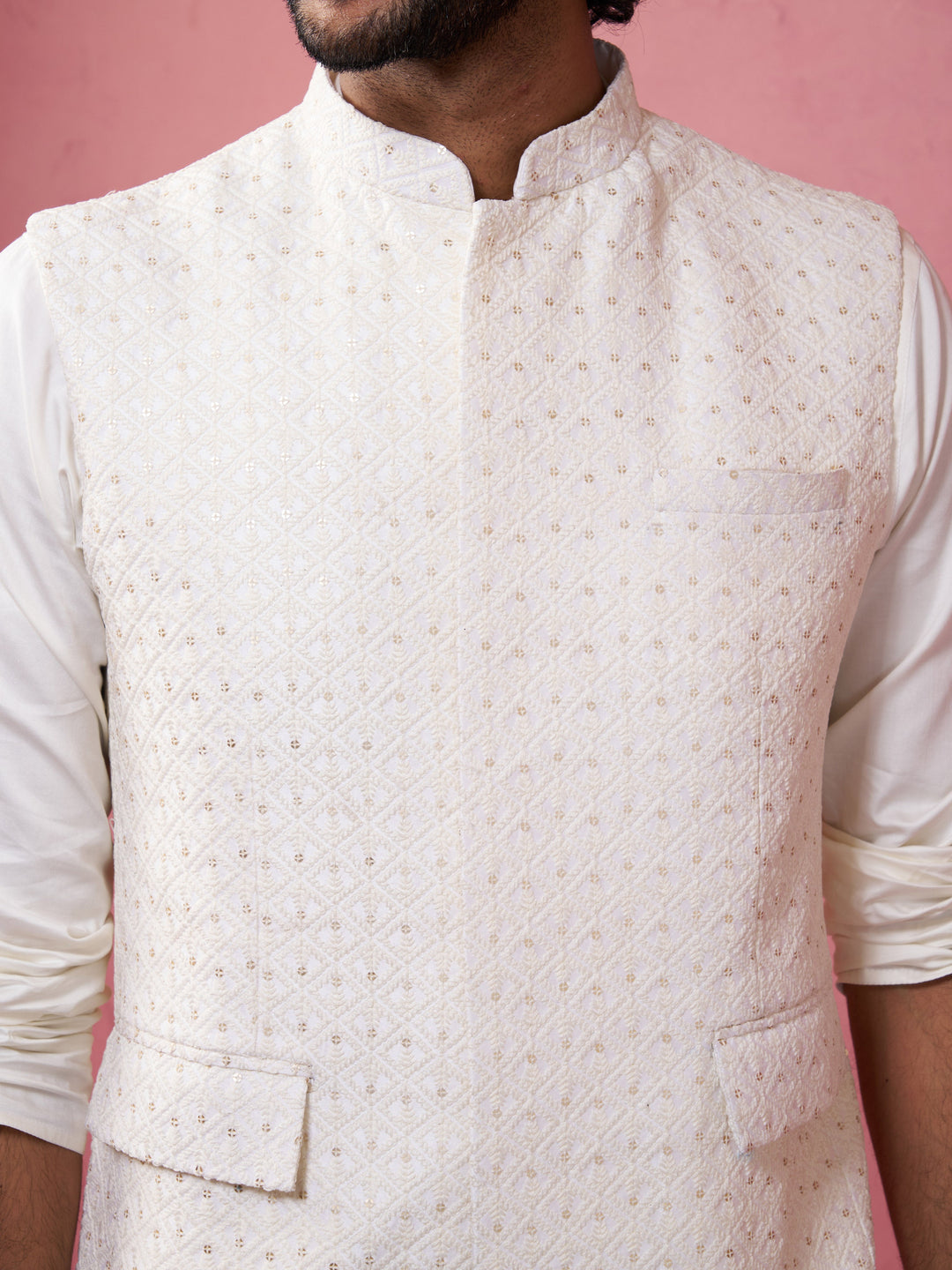 Men's Cream Kia Silk Embroidered Nehru Jacket
