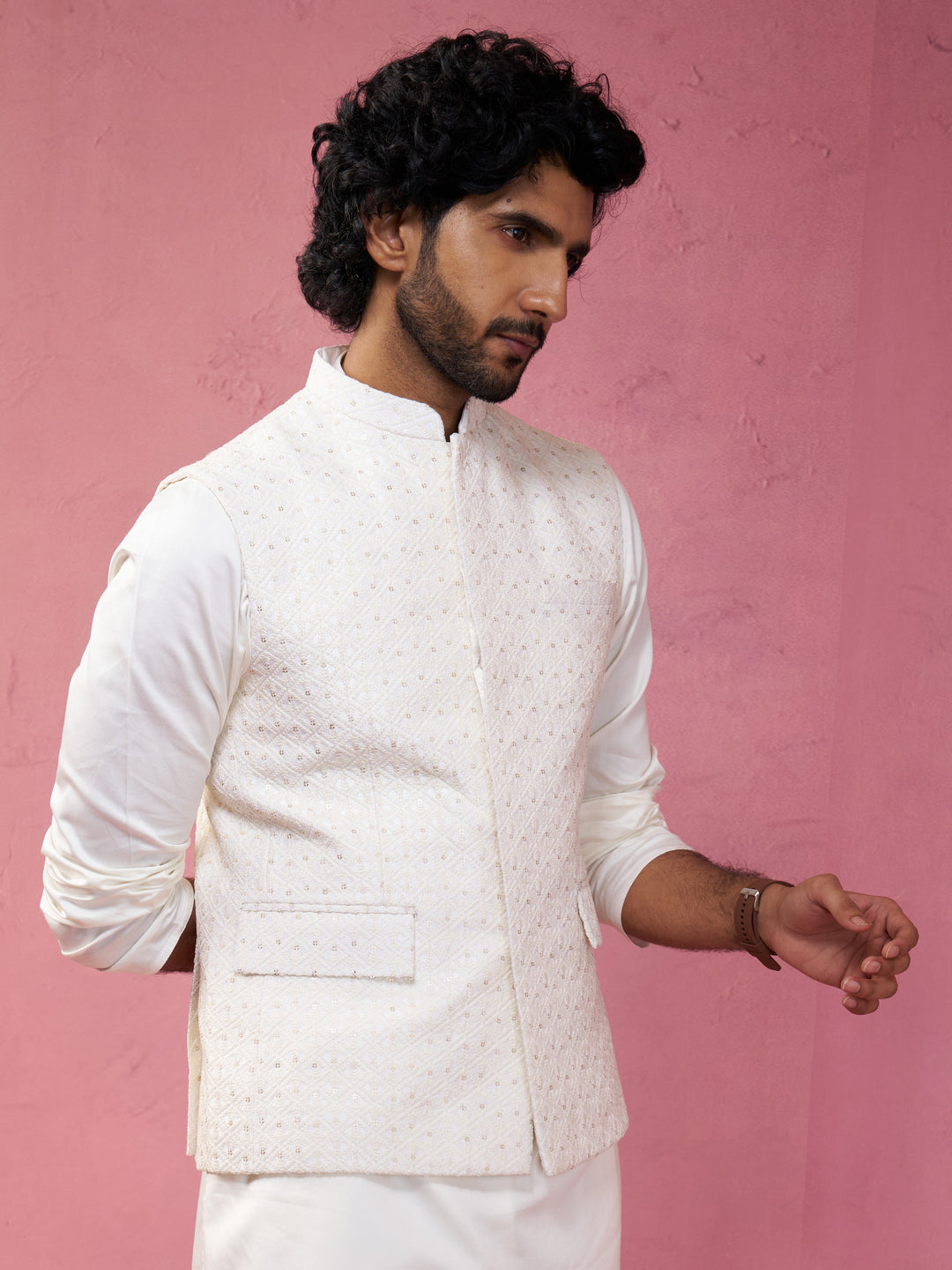 Men's Cream Kia Silk Embroidered Nehru Jacket