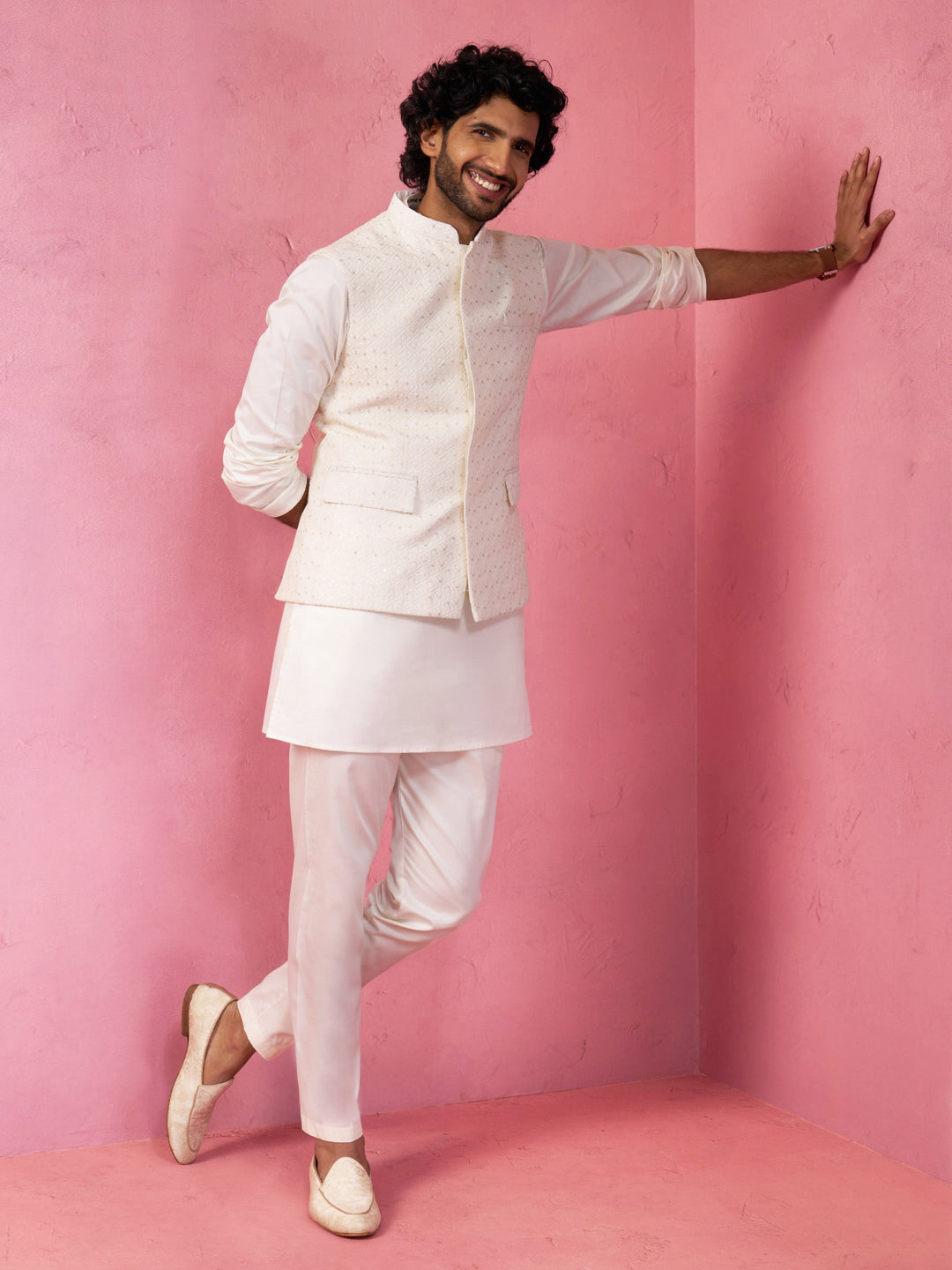 Men's Cream Embroidered Nehru Jacket with Kurta Pyjama