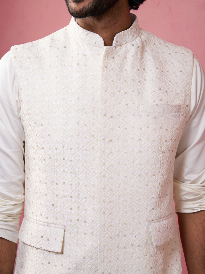 Men's Cream Embroidered Nehru Jacket with Kurta Pyjama