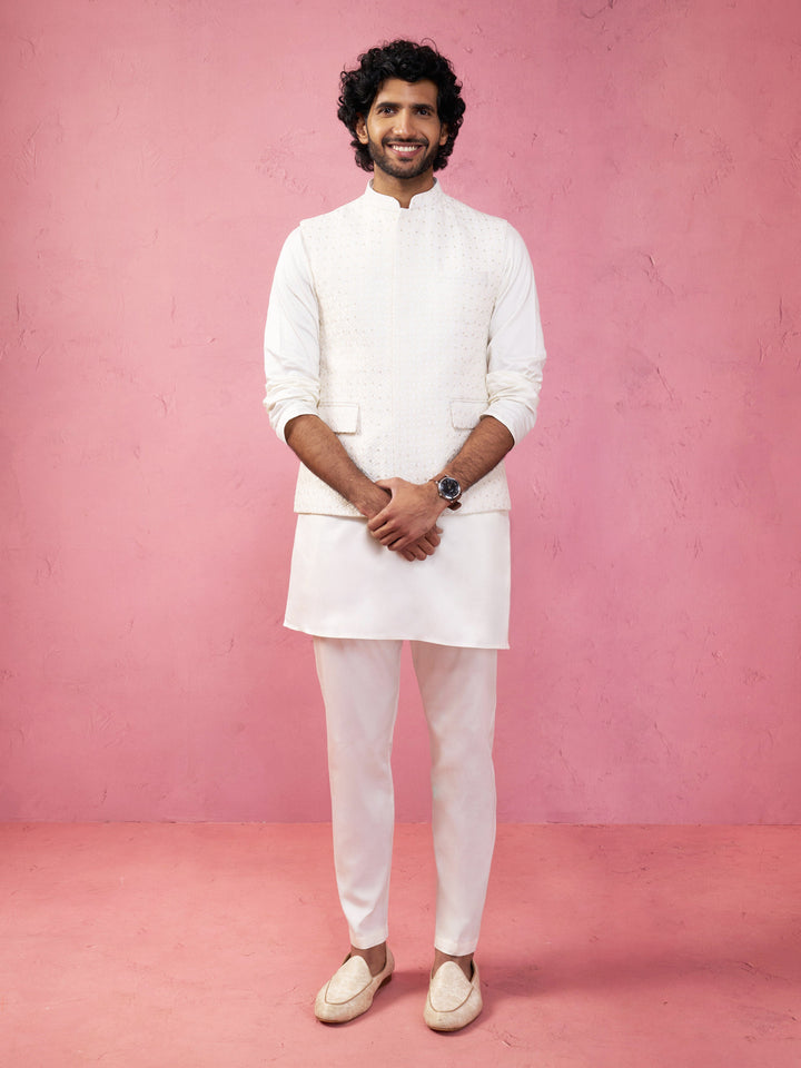 Men's Cream Embroidered Nehru Jacket with Kurta Pyjama