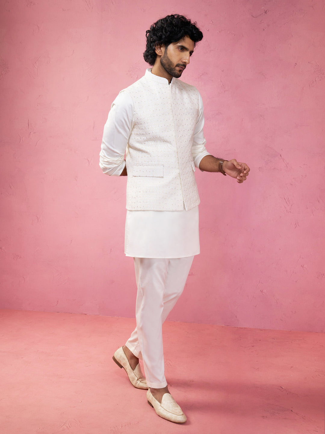 Men's Cream Embroidered Nehru Jacket with Kurta Pyjama