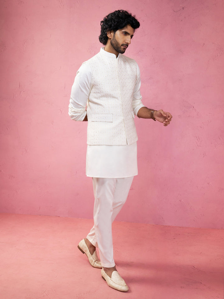 Men's Cream Embroidered Nehru Jacket with Kurta Pyjama