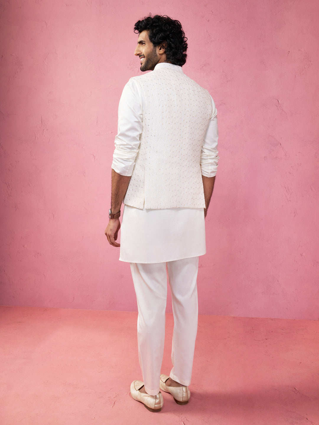 Men's Cream Embroidered Nehru Jacket with Kurta Pyjama