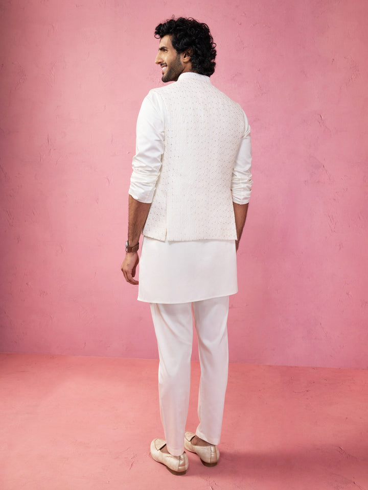 Men's Cream Embroidered Nehru Jacket with Kurta Pyjama