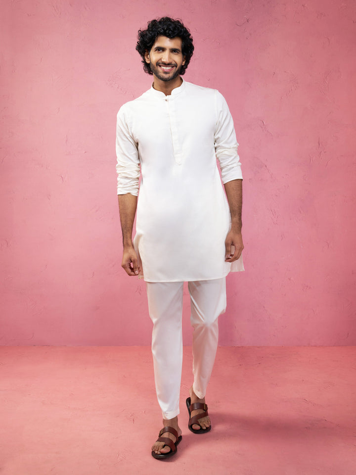 Men's Cream Embroidered Nehru Jacket with Kurta Pyjama