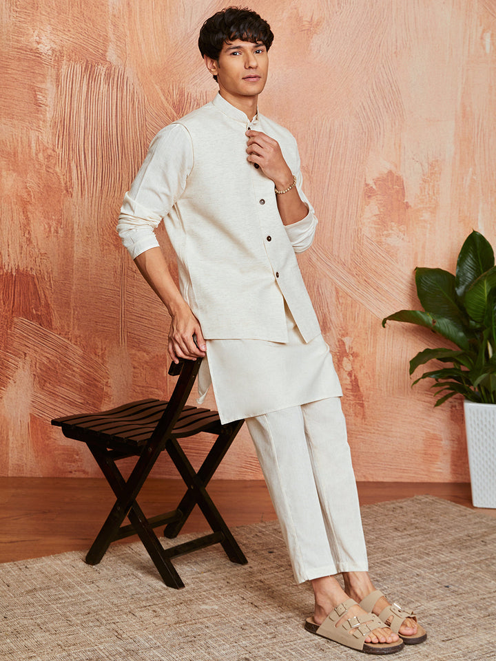 Men's Cream Khadi Cotton Jacket, Kurta And Pyjama Set