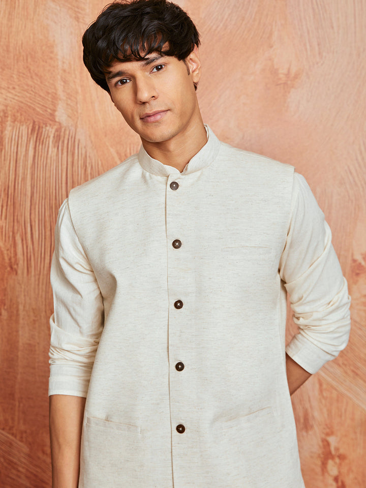 Men's Cream Khadi Cotton Jacket, Kurta And Pyjama Set