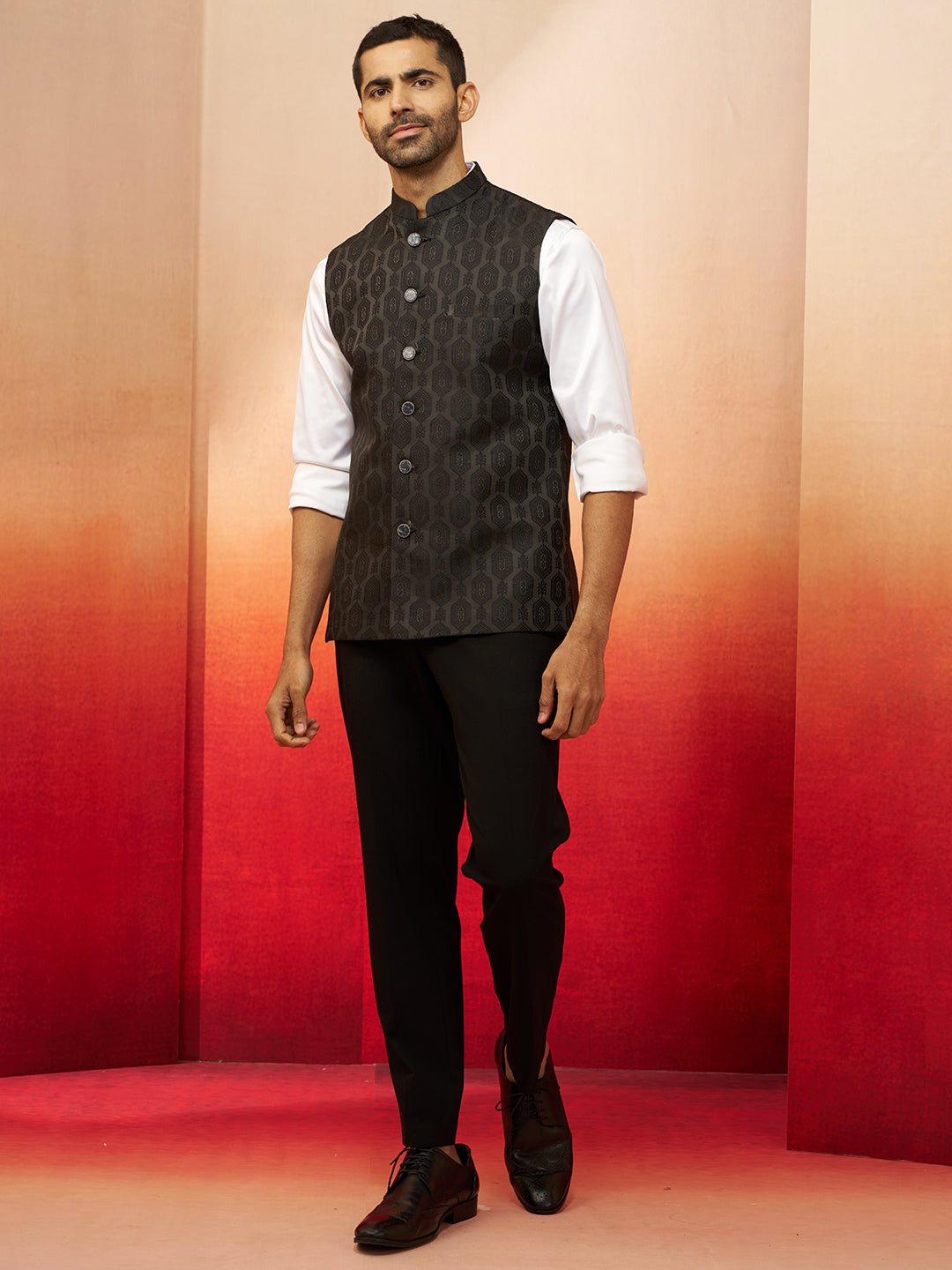 Men Black Silk Nehru Jacket