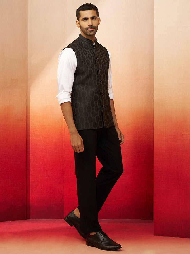 Men Black Silk Nehru Jacket